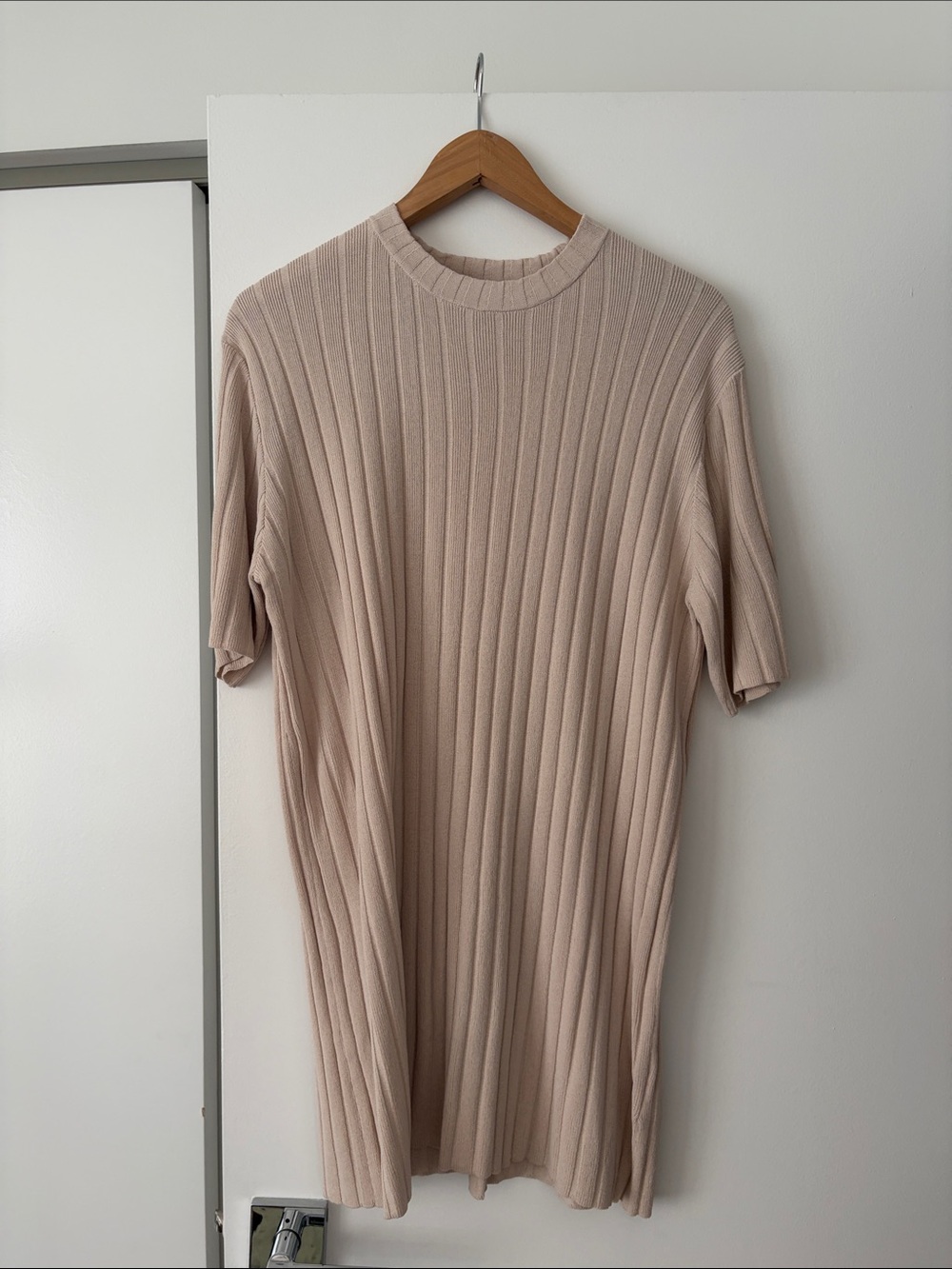 H&M Beige Ribbed Short-Sleeve Knit Mini Dress